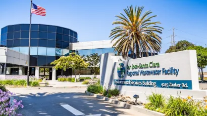 Entrance sign for San Jose-Santa Clara Regional wastewater treatment facility.