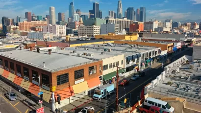 View of downtown Los Angeles from a roof in the Fashion District