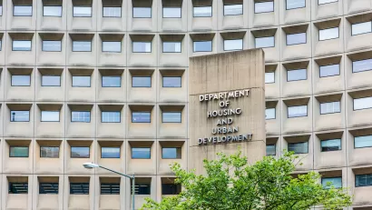 Modernist concrete facade of Department of Housing and Urban Development headquarters building in Washington, D.C.