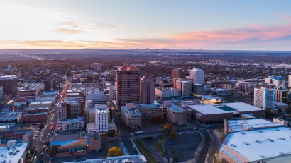 Aerial view of downtown Albuquerque, New Mexico at sunset.