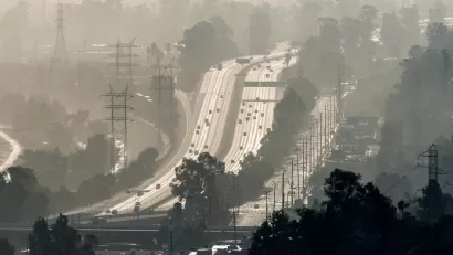 Hazy view of Interstate 5 freeway in Los Angeles, California.