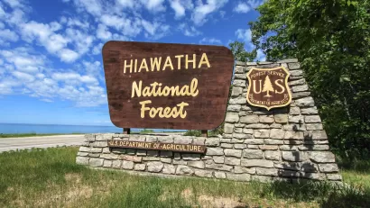Hiawatha National Forest sign near Brevort, Michigan.