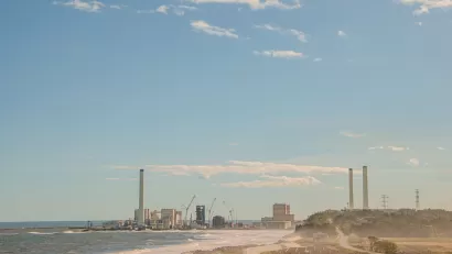 View from a distance of Fukushima Daiichi nuclear plant on the coast n Japan