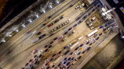 Bird's eye view of traffic entering Lincoln Tunnel in Weehawken, New Jersey heading into Manhattan, New York City.