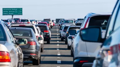 Close-up of traffic congestion from behind cars on a freeway in the San Francisco Bay Area.