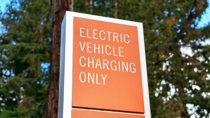 Orange sign with white "Electric vehicle charging only" sign outdoors with tree in background.