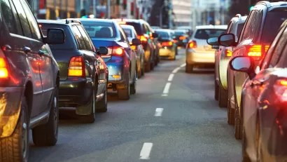 Traffic on a busy city street.