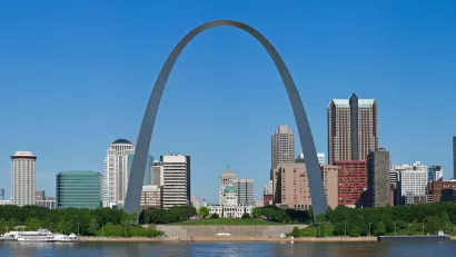 View of Gateway Arch and skyline of St. Louis, Missouri.