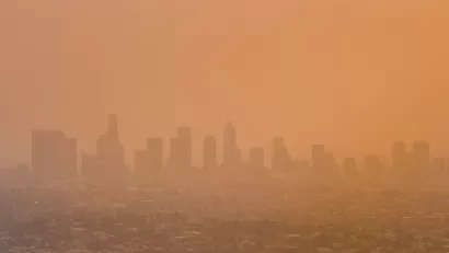 View of downtown Los Angeles, California through orange haze.
