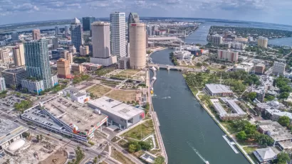 Aerial view of downtown Tampa, Florida with Hillsborough River in foreground