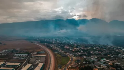 Aerial view of smoke from fires in Lahaina area of Maui, Hawaii.