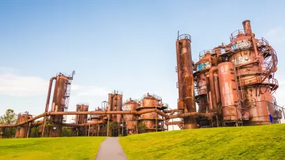 Gas Works Park with old, rusty coal gasification equipment in Seattle, Washington.