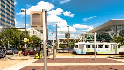 Transit station with light rail train in Baltimore, Maryland