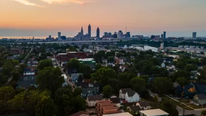View of Cleveland, Ohio skyline at sunset