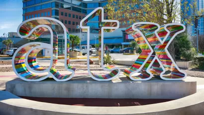 Colorful "atx" sign in front of Whole Foods store in Austin, Texas