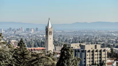 Aerial view of UC Berkeley campus with Campanile tower 