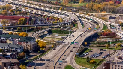View from 35th floor of building of freeway in Minneapolis, Minnesota.