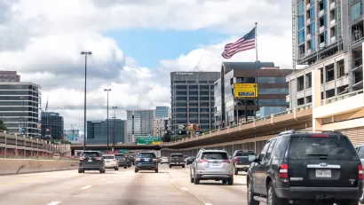 Traffic on a highway in Dallas, Texas.