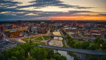 Aerial view of Sioux Falls, South Dakota at sunset