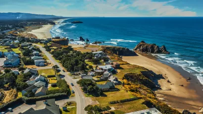 Aerial view of coastal Oregon town.