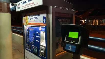 Transit fare purchase box at above-ground transit station in Santa Clara, California.