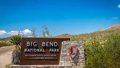 Entrance sign for Big Bend National Park, West Texas.