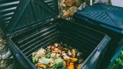 Close-up of food waste inside a black plastic compost bin.