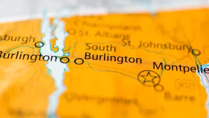 Close-up of South Burlington, Vermont on yellow map.