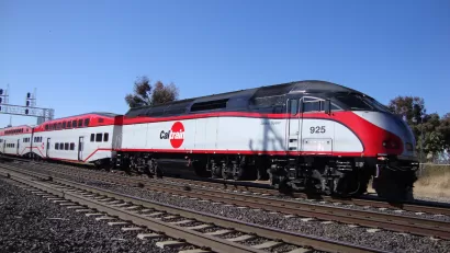 White and red Caltrain commuter train 