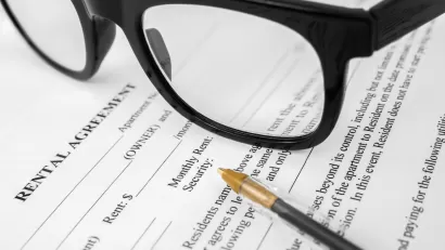 Close-up of rental agreement with pen and black-rimmed glasses.