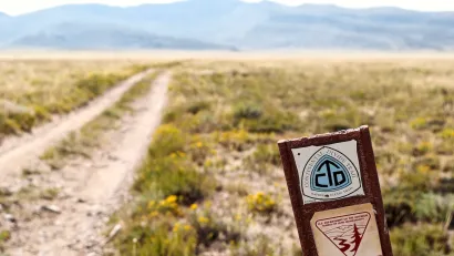 Close-up on BLM sign on Continental Divide Trail in Rawlins, Wyoming.
