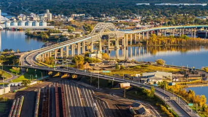 Aerial view of John A. Blatnik Bridge and freight yard in Duluth, Minnesota.