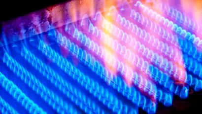 Close-up of multiple lines of blue natural gas flames inside a boiler.