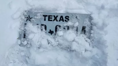 Texas license plate almost entirely covered by snow