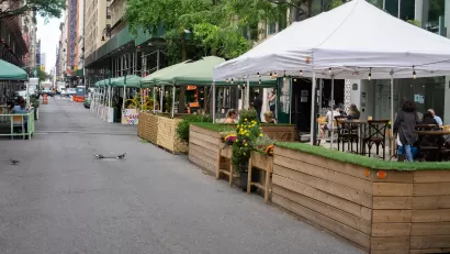 Outdoor dining patios on street closed to car traffic in New York City