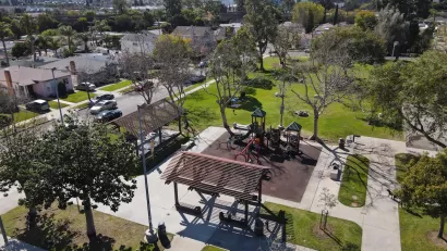 Aerial view of park playground in West Los Angeles, California.