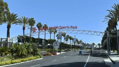 Avalon Boulevard entrance to Dignity Health Sports Park, on the campus of Cal State Dominguez Hills, home to the LA Galaxy of Major League Soccer in Carson, California.