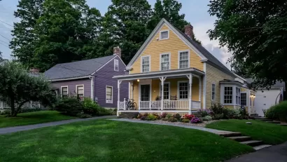 Two colorful Victorian houses in Conway, Massachusetts.