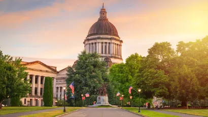 View of Washington state capitol dome in Olympia, Washington at golden hour.