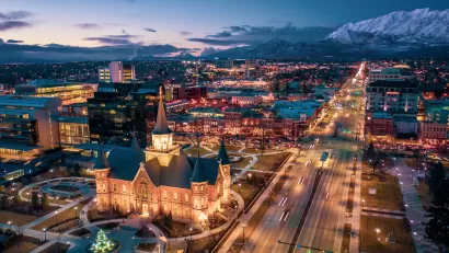 Aerial view of Provo, Utah with mountains in background