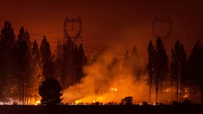 Wildfire burning under power transmission towers and large trees at night.