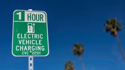 Close-up of green and white sign for 1 hour EV charging station outdoors with tall palm trees in background against blue sky.