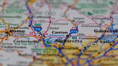 Close-up of map with Canton, Georgia.