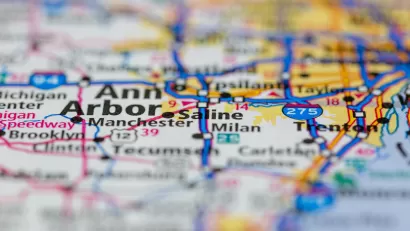 Close up of a road map showing major roadways around Ann Arbor Michigan