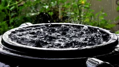 Close-up of top of black rain barrel full of water with raindrops falling on surface.