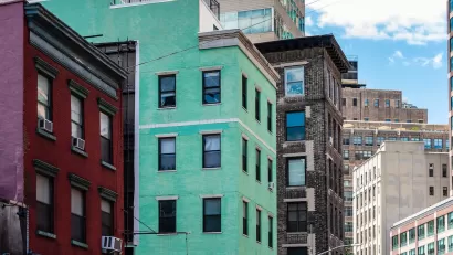 Colorful multistory apartment builfings in SoHo neighborhood of New York City.
