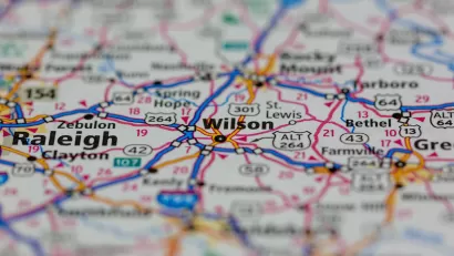 Close-up of road map showing Wilson, North Carolina