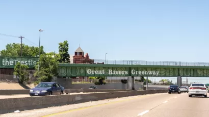 Great Rivers Greenway bike trail bridge over highway in St. Louis, Missouri.