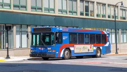 Worcester Regional Transit Authority (WRTA) bus on Foster Street in Downtown Worcester, Massachusetts MA, USA.