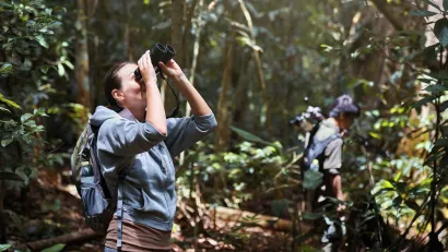 Woman looking up through binoculars at birds in tree.